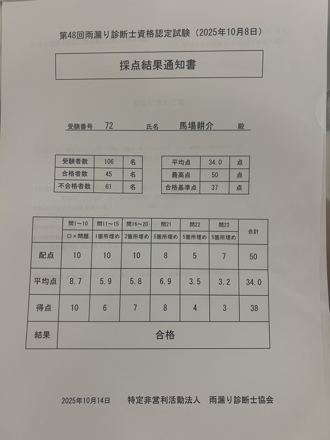 雨漏り診断士 合格証